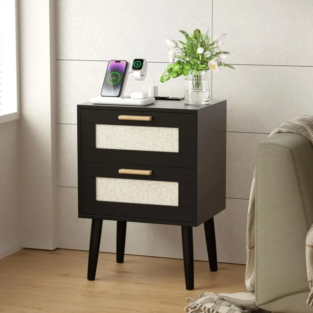 Nightstand with Charging Station,Rattan Night Stand with Solid Wood Legs, Bedside Table with USB Ports & Outlets,for Living Room