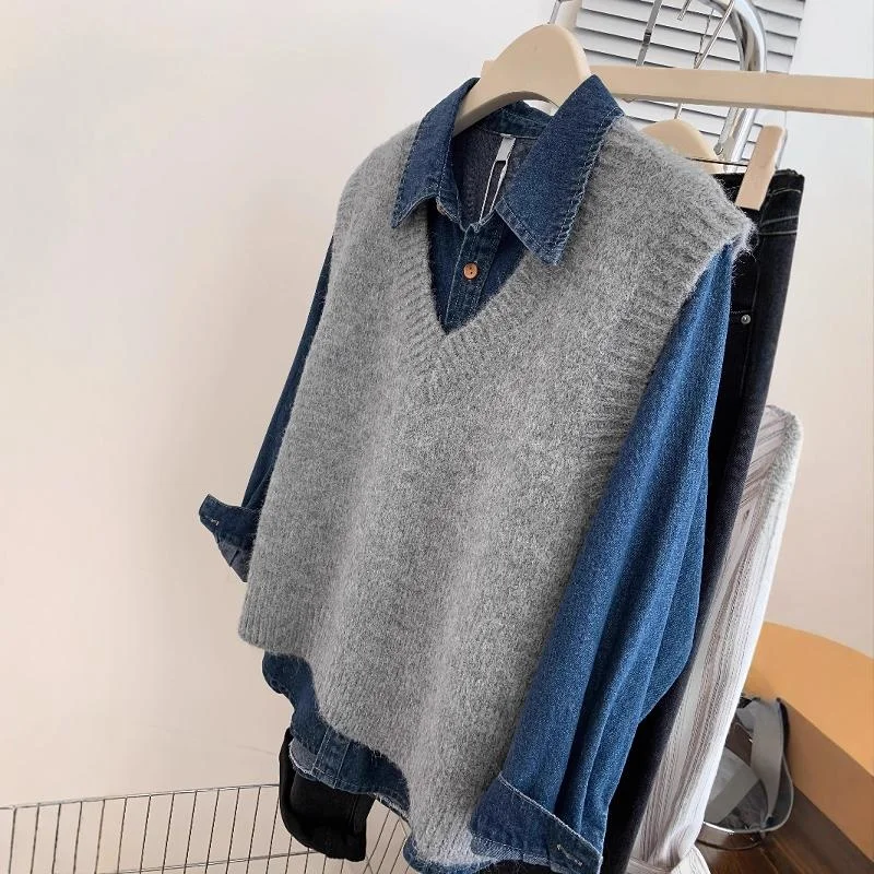 Gray V-Neck Knitted Sweater Vest Women's Autumn Winter Loose Fit Layering Base Tank Top Brand Buckle Pure Color Versatile