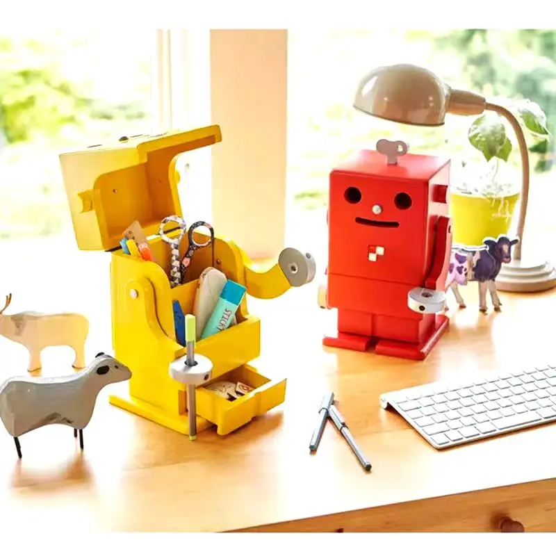 3 colors~ upgraded version~ pure solid wood, mini robot cartoon storage box, pen holder, stationery, tissue box, loudspeaker.