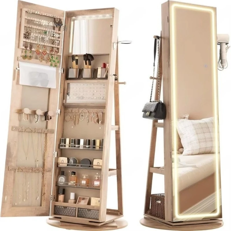 Standing Mirror Jewelry Cabinet, 360° Swivel Jewelry Armoire with Full Length Mirror & Adjustable LED Lights