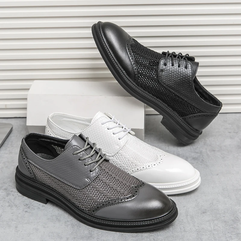 

Fashion Derby Leather Men Shoes Summer Breathable Mesh White Brogue Lace Up Solid Dress Shoes Business Party Wedding Shoes Men
