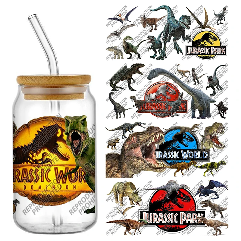 Miniso Jurassic Park-pegatinas UV DTF de dibujos animados, listas para transferir vasos, etiquetas personalizadas para Libbey Can, vasos de vidrio, tazas