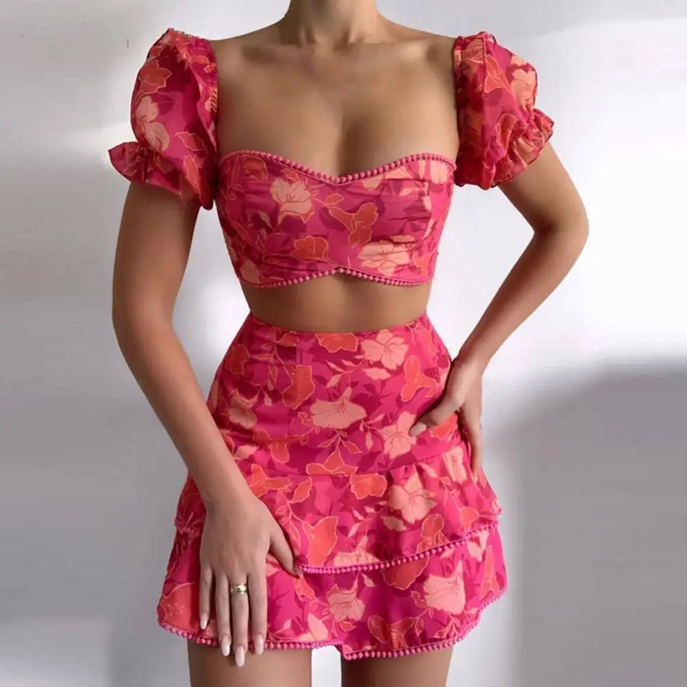 1 Set Crop Top Skirt Floral Print Ruffles Puff Sleeves Off Shoulder Summer Slim-fitting Pleats Skirt Suit Streetwear