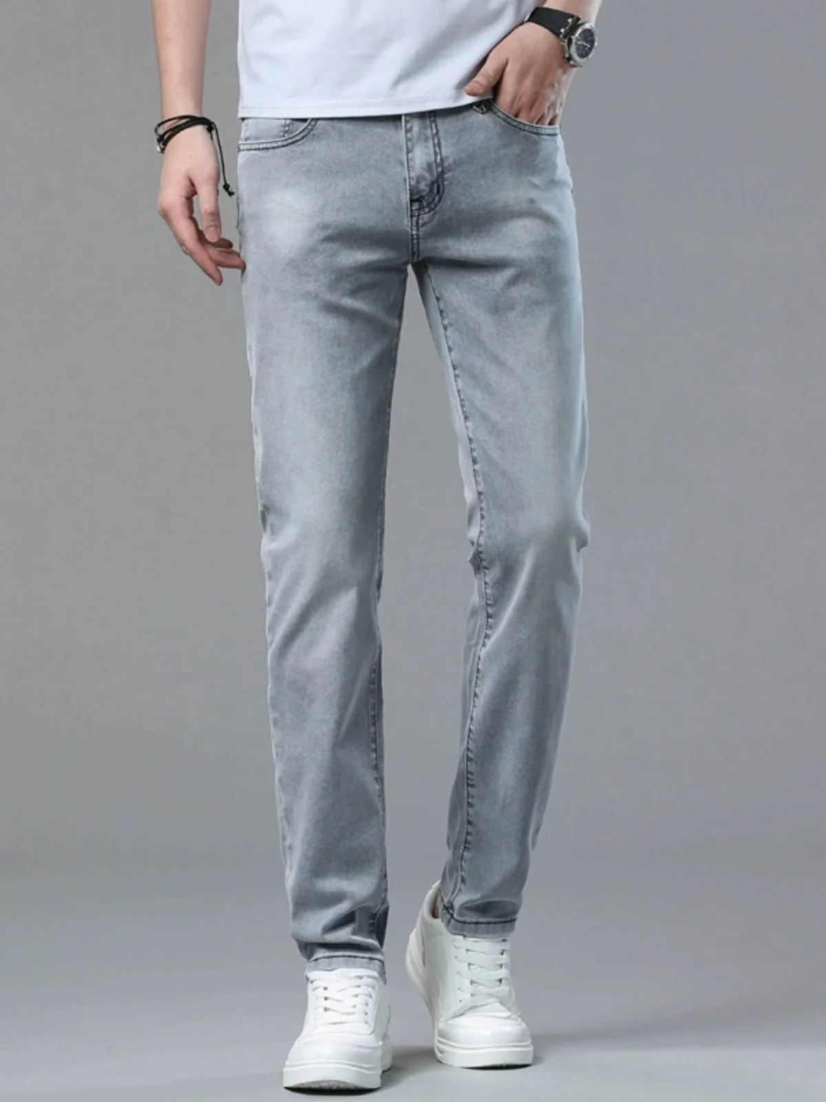 

High-End Vintage Hong Kong Men's Slim Fit Jeans Trendy Brand Lyocell Faded Spring Summer Thin Straight Casual Long Pants