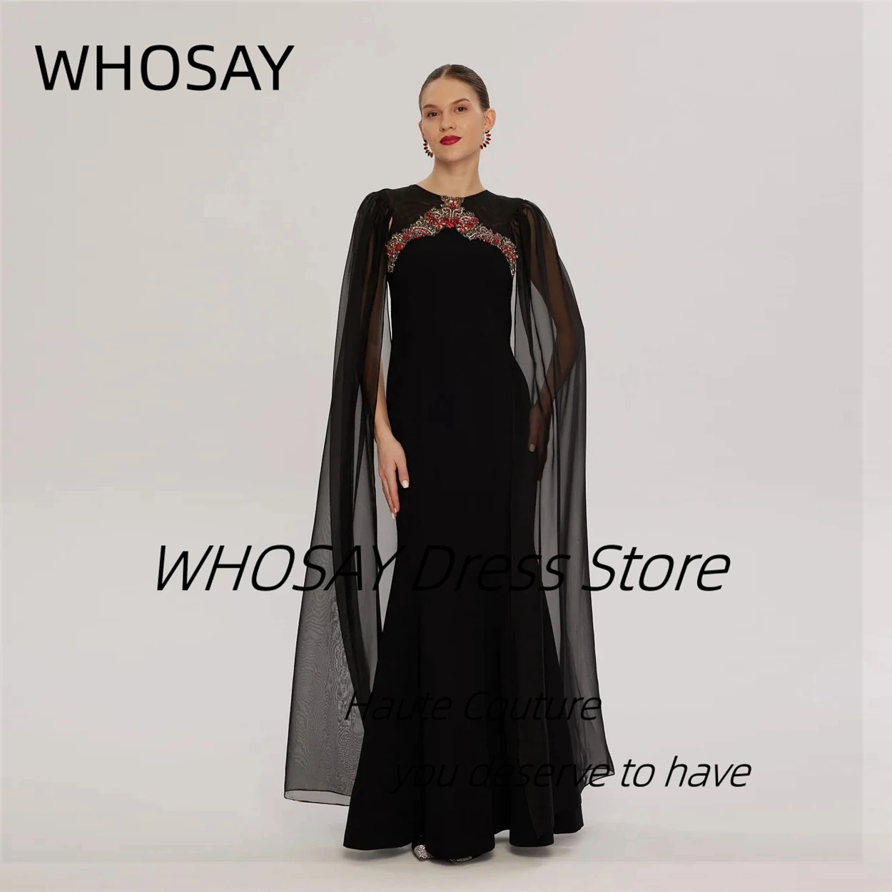 Whosay preto vestidos de baile o-pescoço frisado personalizado vestido de festa à noite com mangas esvoaçantes robe de soiree