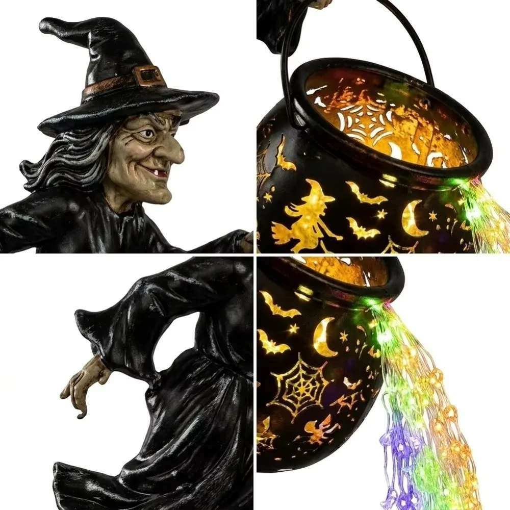 LED Halloween Witch Cauldron Garden Light Carved Cutouts Shadow Projection Witch Cauldron Light Lawn Walkway Lighting