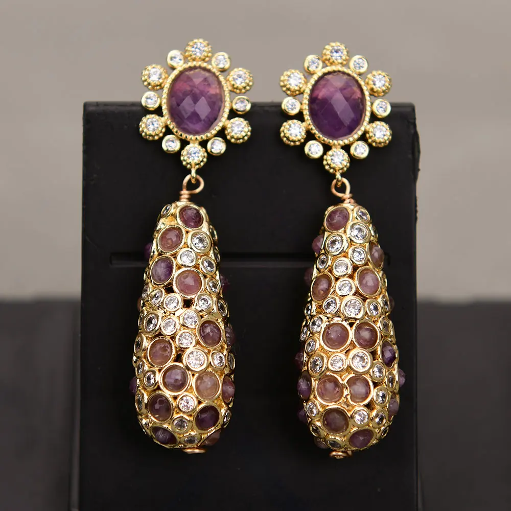 G-G Natural Purple Amethyst Clear Crystal Paved Gemstone Stud Gold Plated Earrings