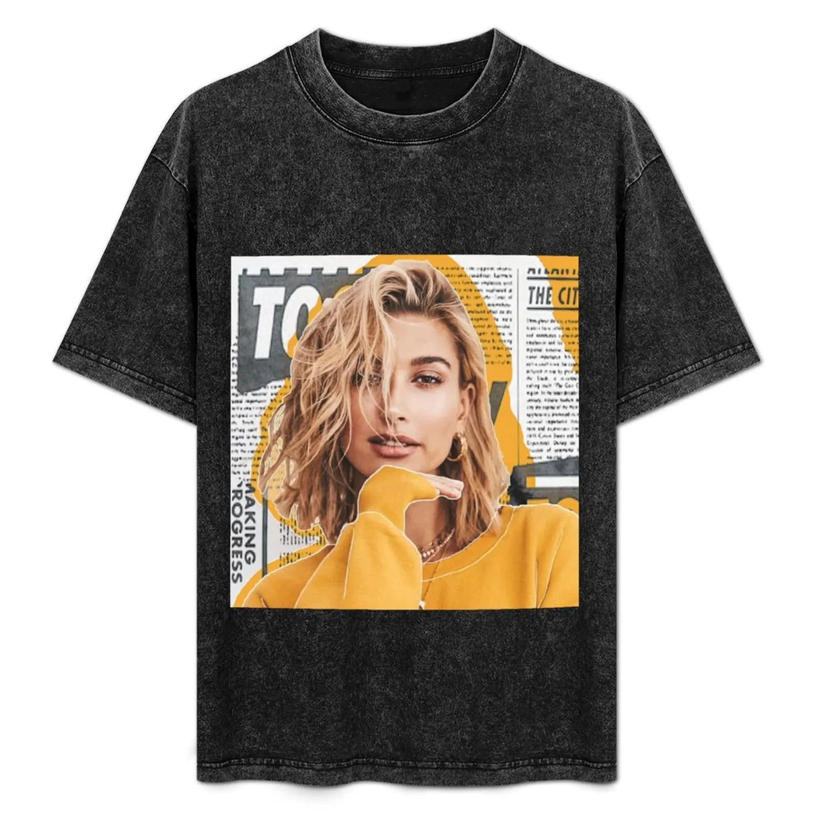 

Hailey Baldwin Newspaper Graphic Design T-Shirt Simple Casual Short Sleeve Cotton T-Shirt