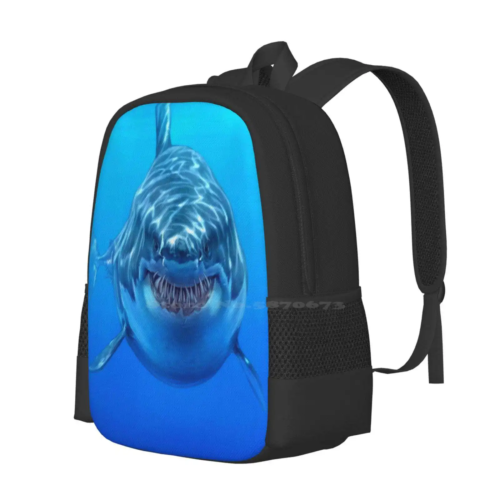 Great White 3D Print Design Backpack Student Bag Shark Great White Photoshop Blue Ocean Caricature Teeth Scary Fish