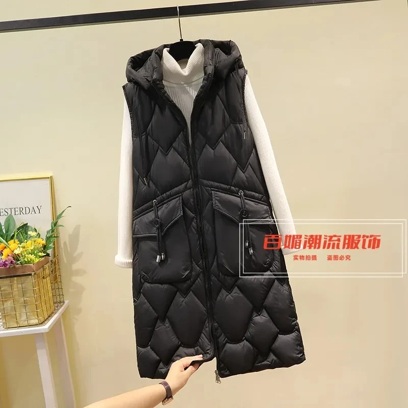 New2023 Autumn Winter Korean Hooded Down Cotton Vest Women Long Loose Casual Sleeveless Warm Waistcoat Female Parkas Jacket Tops