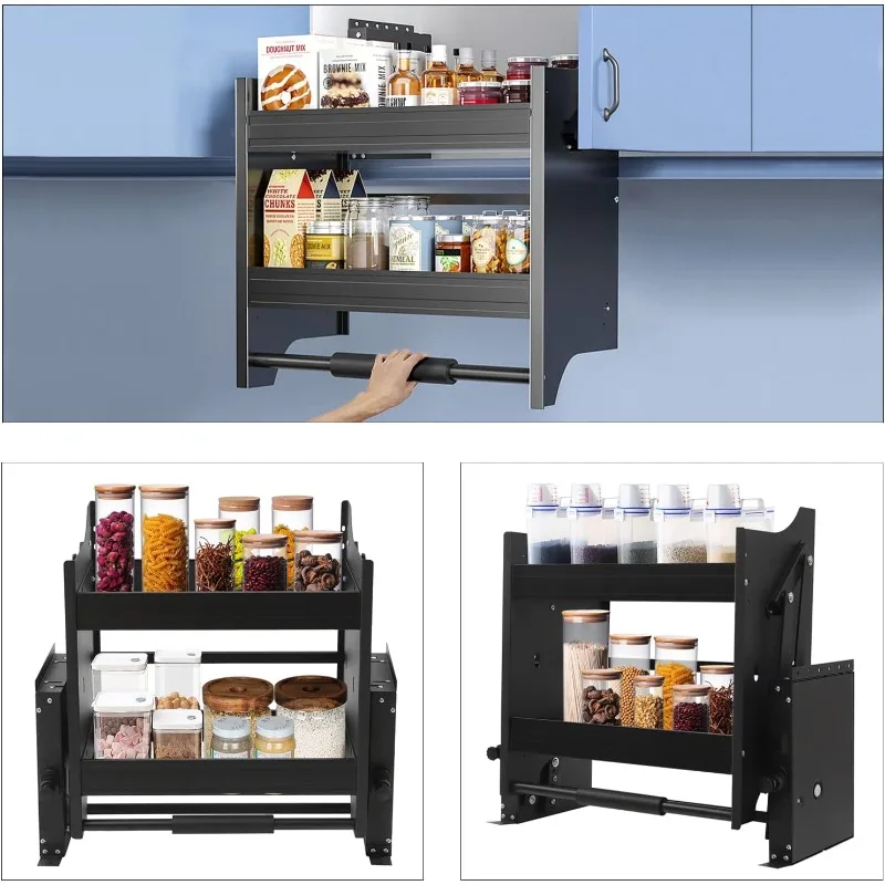 ダウンシェルフ、2段式ハイキャビネットプルダウンシェルフキャビネットオーガナイザー、キッチンキャビネットプルダウンシェルフ、頑丈な壁掛け式