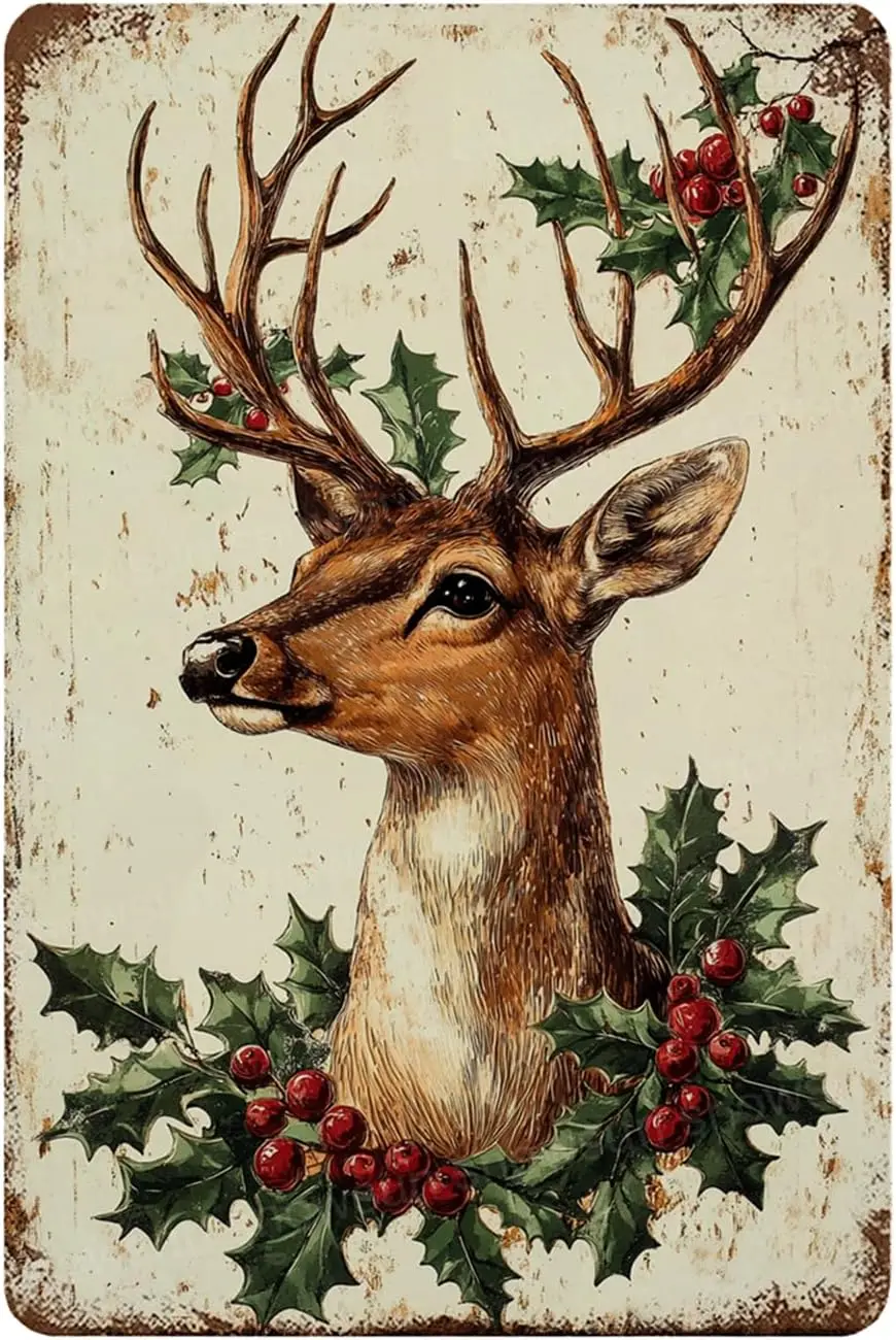 Snowsun Metal Tin Sign Deer Christmas Vintage Signs Aluminum Retro Sign Christmas Signs for Kitchen Garden Yard Wall Bedroom Clu