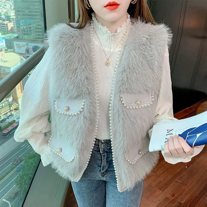 

2023 Autumn Winter Women New Imitation Fox Fur Vest Female Faux Fur Warm Waistcoat Ladies V-neck Loose Sleeveless Coats A552