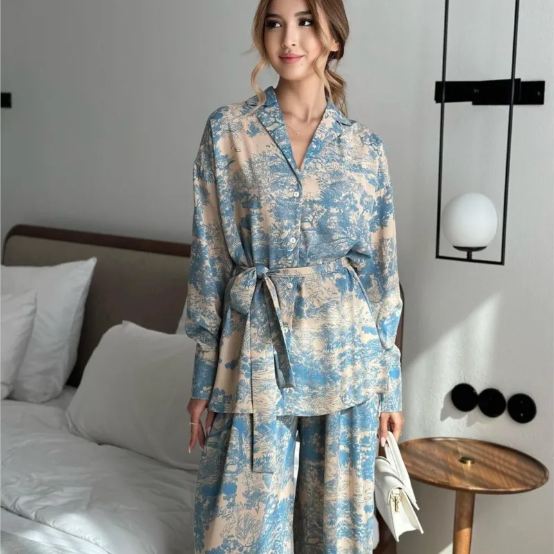 

Women Print Pajamas Set Sleepwear French V-Neck 2024 Fashion Women's Clothing Loose Leisure Wide Leg Pants Pijamas Suit Homewear