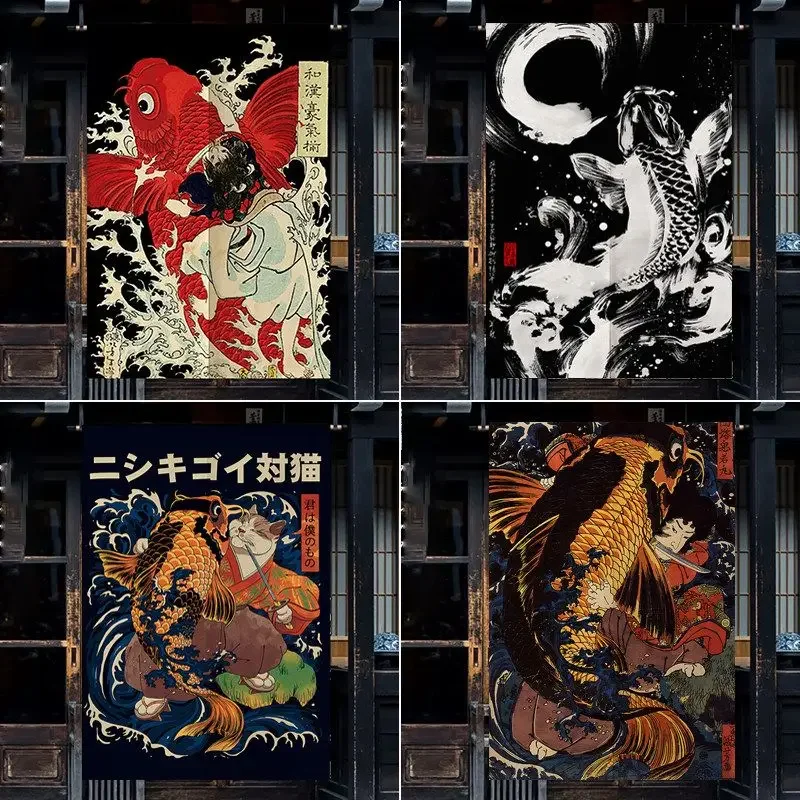 VIKAMA Japanese Noren Door Curtain Ukiyo e Wave Koi Crab Geisha Print Izakaya Restaurant Kitchen Entrance Hanging Decor Curtain