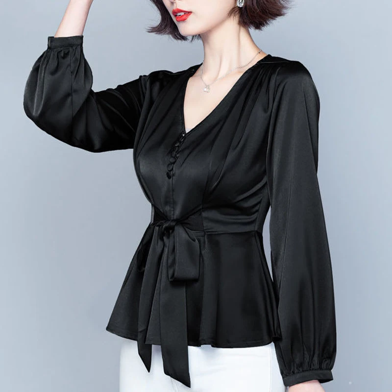 New Spring Autumn Women Fashion Elegant Lace Up Blouses Office Lady Casual V Neck Slim Shirts Black Long Sleeve Tops Blusa Mujer