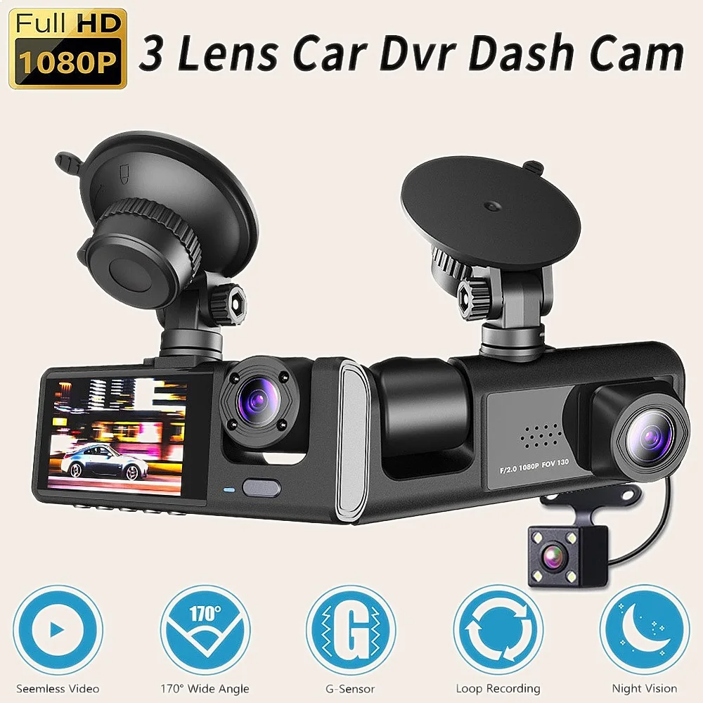 3 Lens Dash Cam 1080P Backup Camera Car Recorder Night Vision Phone Link