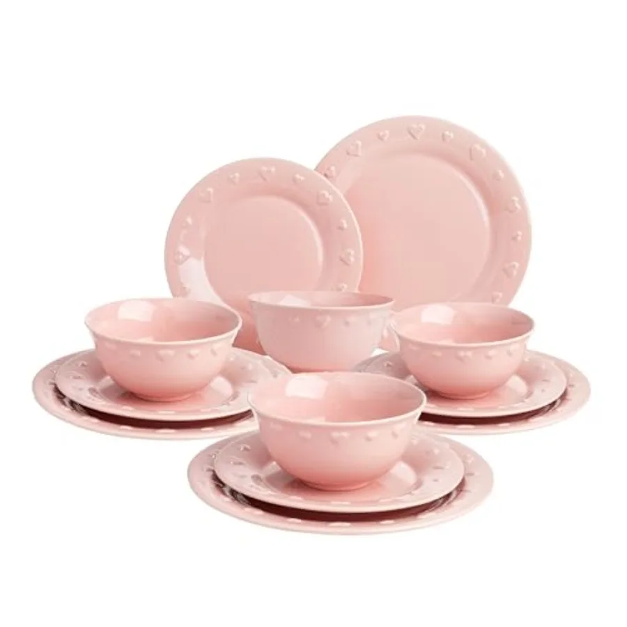 

12-Piece Dinnerware Set Embossed Hearts. Iconic Ceramic Stoneware Service for 4 with Dinner Plates Salad Plates and Bowls Micro