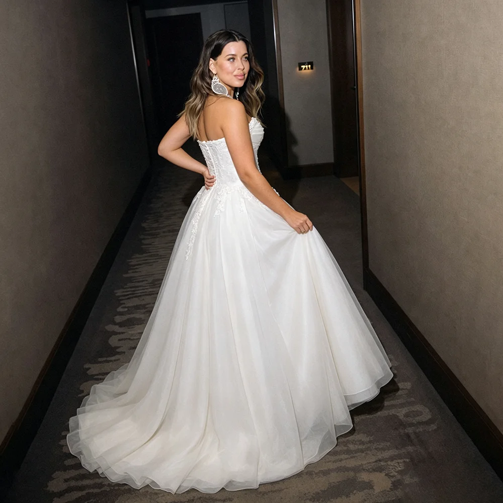 Strapless Puffy Drop Waist Appliqued Bridal Gowns Customized Plus Size Ivory Organza Zipper Princess Cowl Neck Wedding Dress