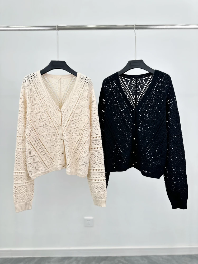 

Женский летний ажурный кардиган с V-образным вырезом на одной пуговице, свободный, легкий, с рукавами до плеч, вязаный, из хлопка