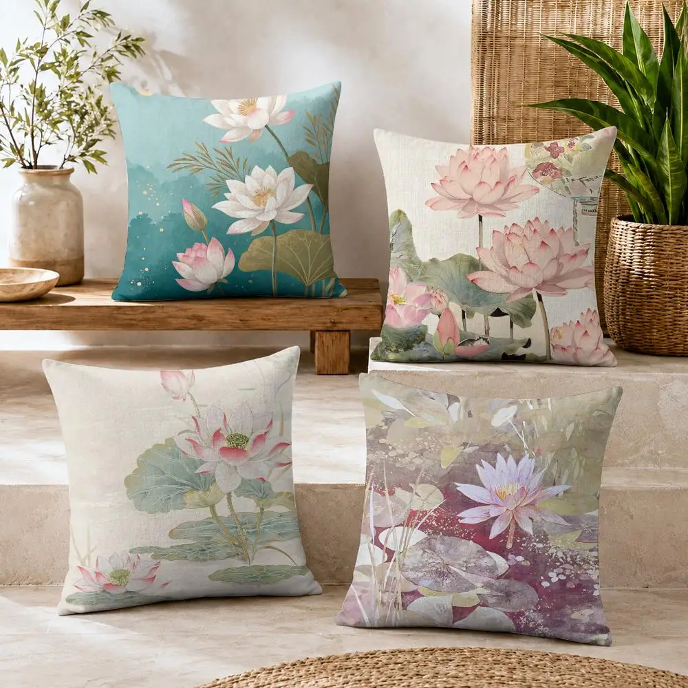 Lotus Flower Cushion Cover Summer Coolness Linen Organic Fabric Sofa Pillow Case Double-Sided Printing Home Decor