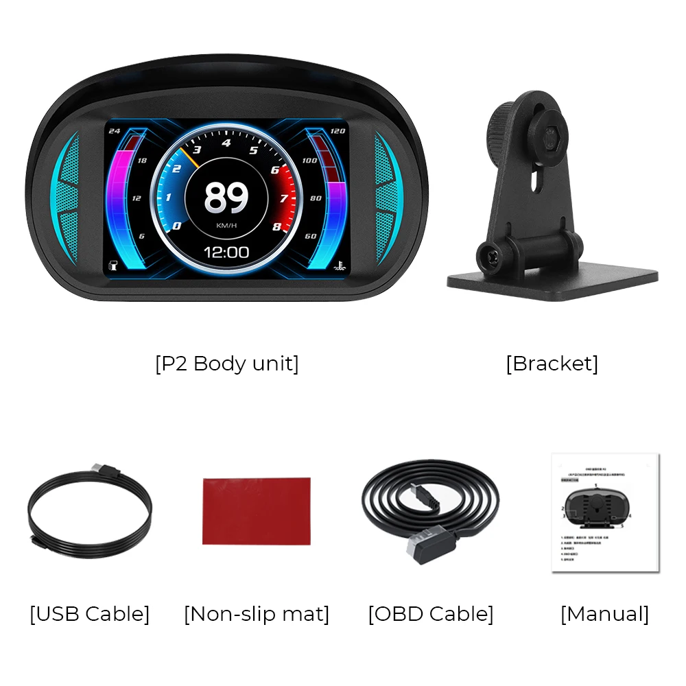 Car Head Up Display Slope Tilt Meter Overspeed Alarm Turbo Brake Test OBD2 GPS Speedometer Security Alarm P2 Dual System HUD