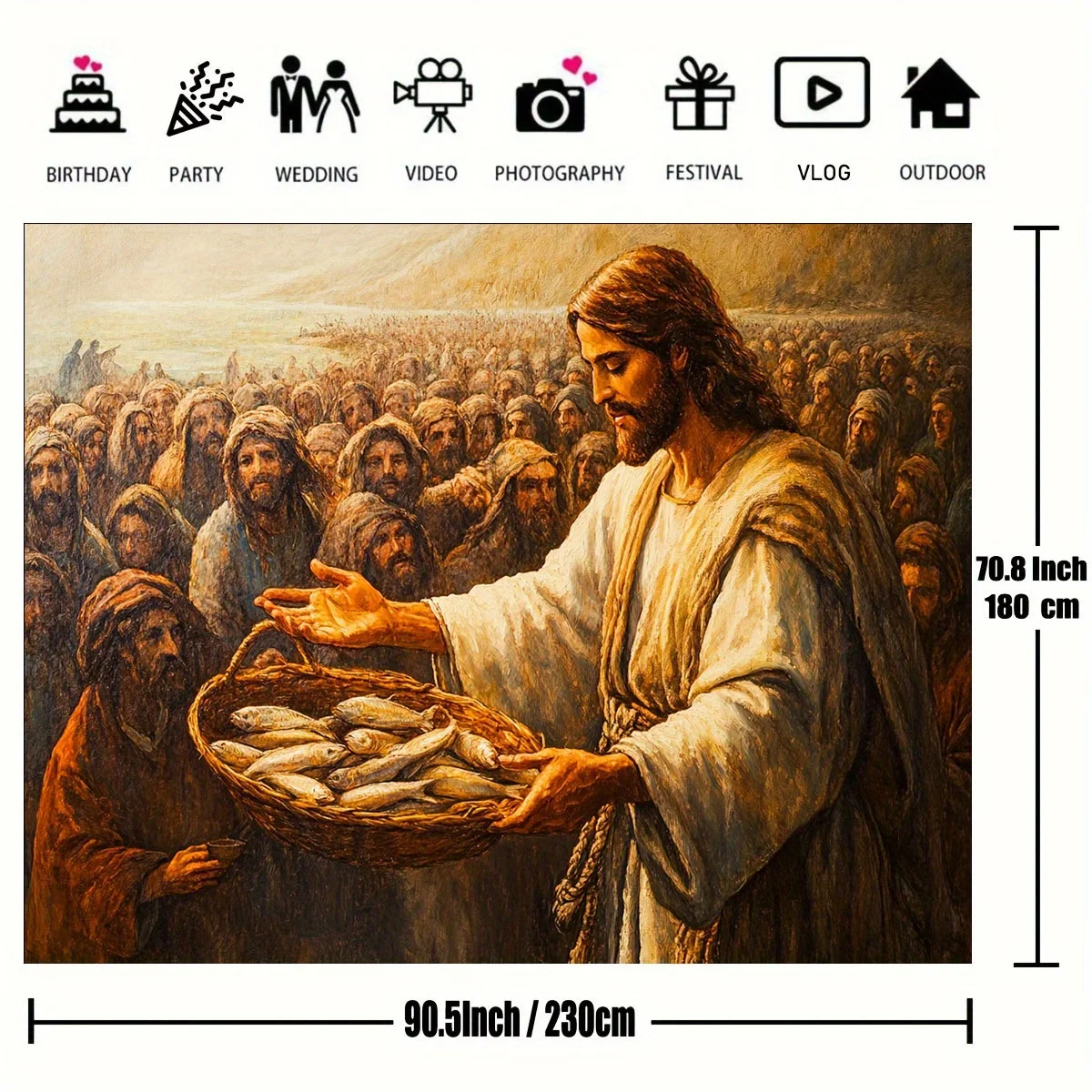 One 2D flat background panel featuring a Bible theme, with Jesus, a bread basket and fish.XY view 4