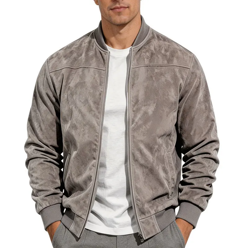 Herren-Bomberjacke aus Kunstwildleder mit Reißverschluss, Stehkragen, langen Ärmeln, lässige Oberbekleidung für Herbst und Winter. – Detail 9