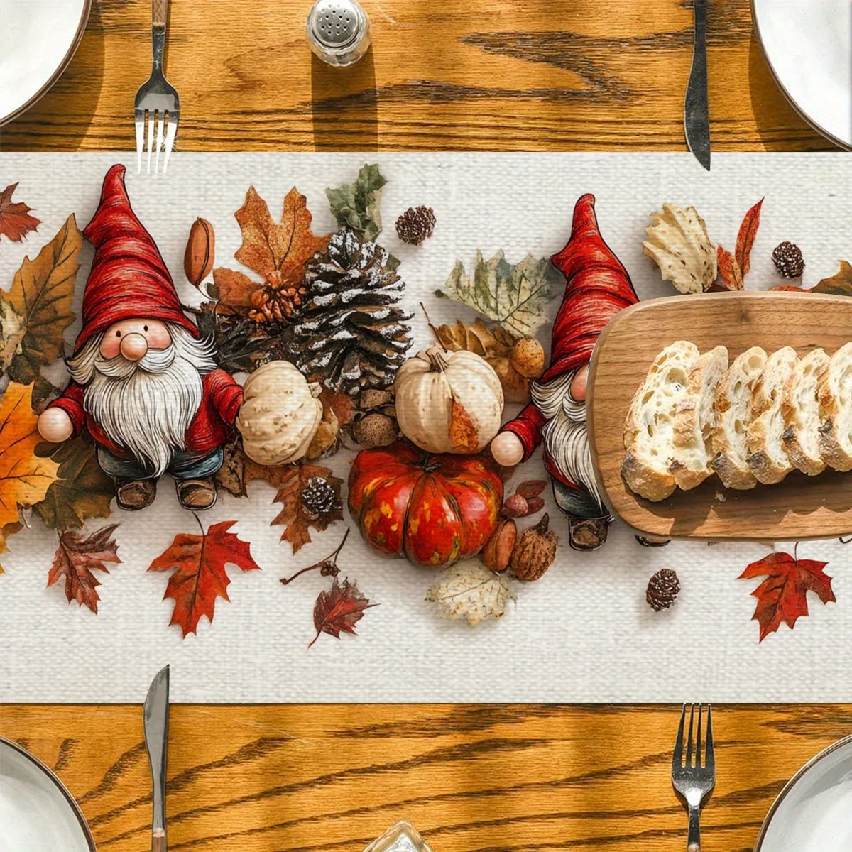 1pc Autumn Gnomes Table Runner with Pumpkins, Maple Leaves & Pinecones, Perfect Thanksgiving Festival Gift for Home Decoration