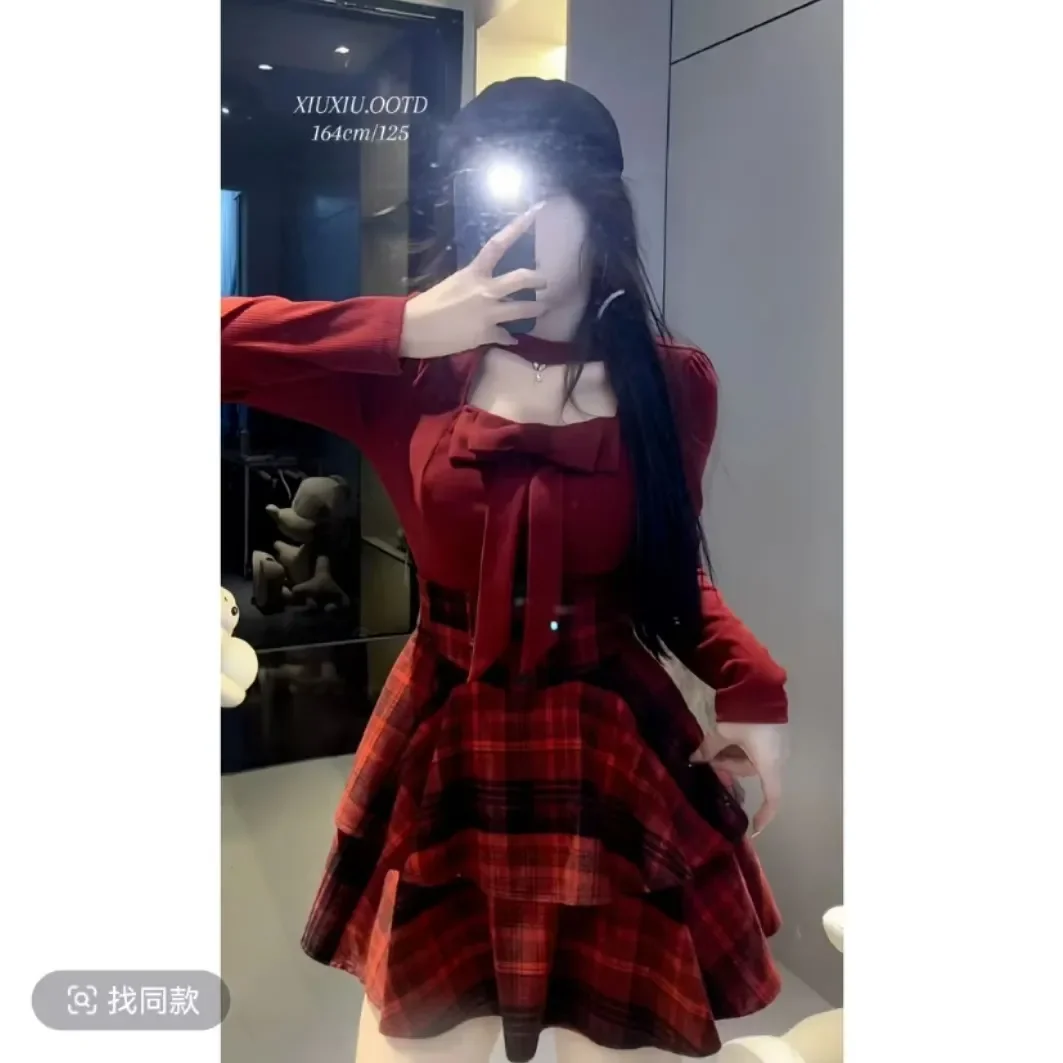 

Уличный комплект юбок, женская модная клетчатая юбка, новинка 2025 года, элегантная рубашка с круглым вырезом и длинными рукавами и бантом