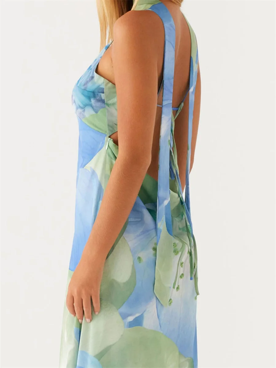 Nuevo vestido largo con cordones y espalda descubierta sin mangas con estampado Floral, vestido Sexy ajustado de verano, trajes elegantes para fiesta de vacaciones, venta al por mayor S-XL
