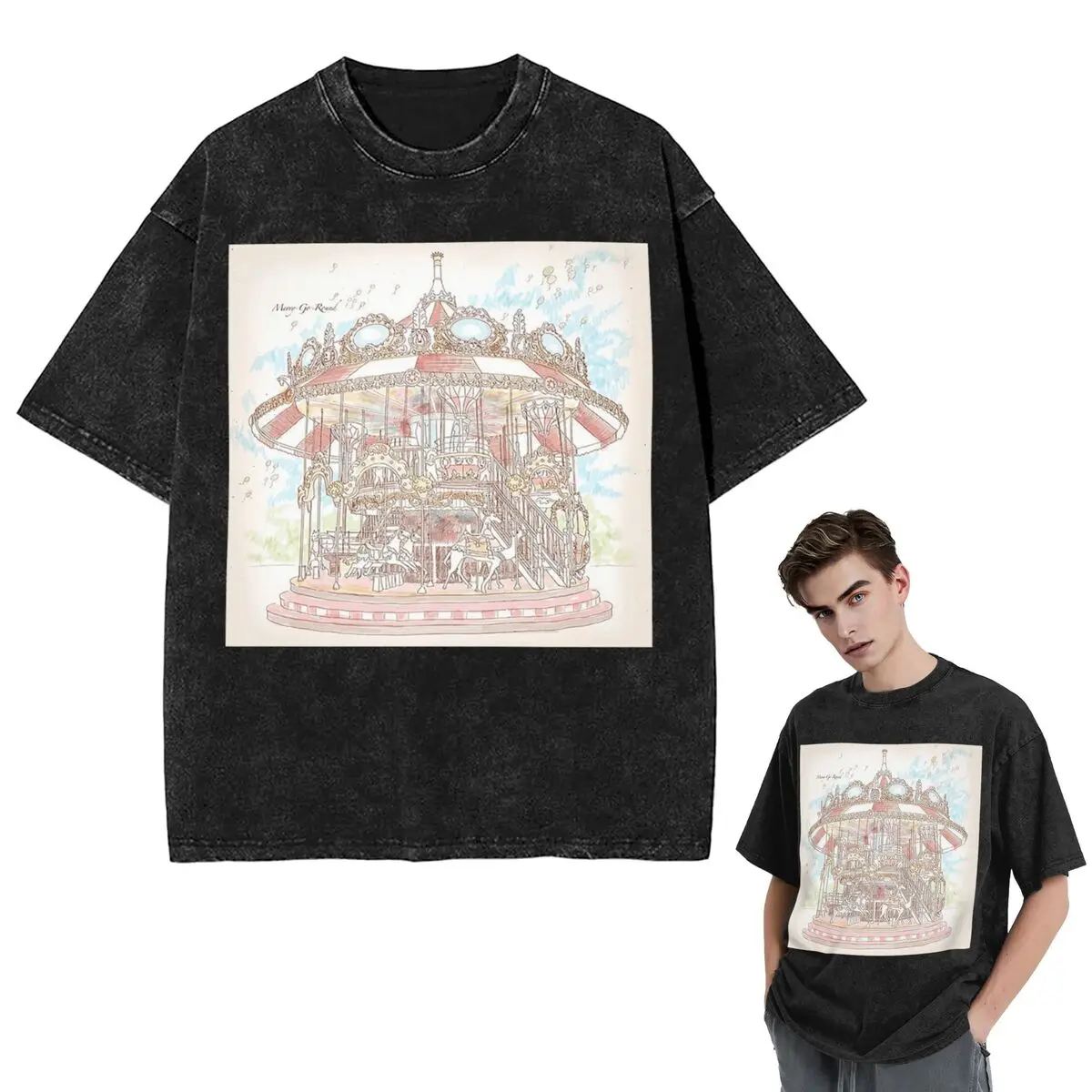 Streetwear T-Shirts Pastel Circus Carousel Washed T Shirt Short Sleeve Hip Hop T-Shirt Tops Tees for Men Women