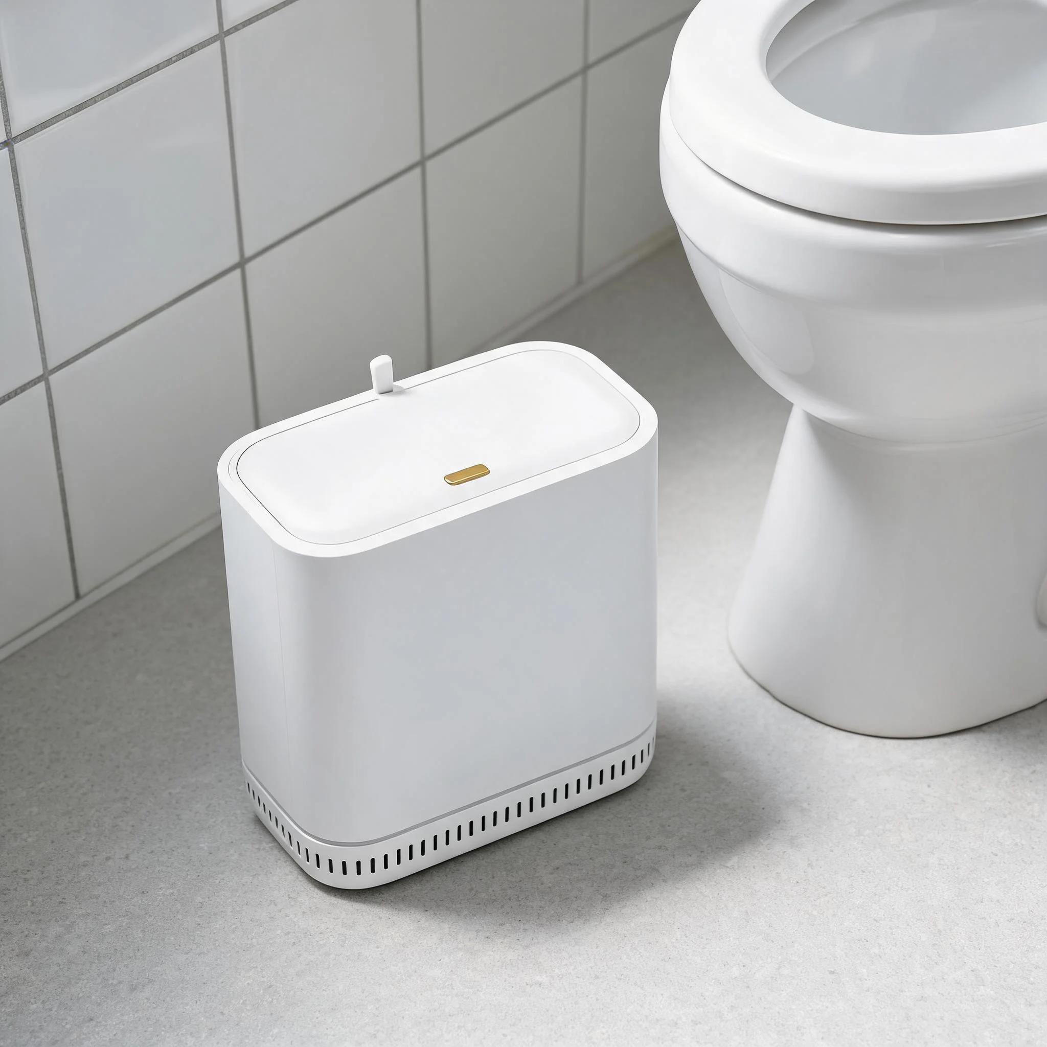 Functional bathroom trash can with soft closing lid and air-tight smell suppression for efficient space utilization