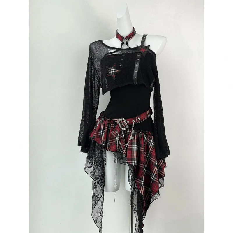Millennial spicy girl style black cover-up irregular dress set