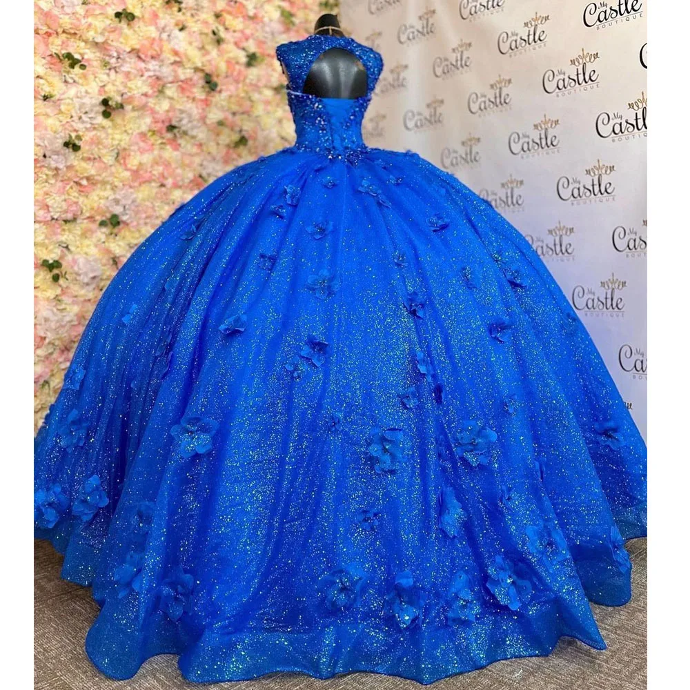 Gaun Quinceanera Biru Royal dengan Applique Bunga 3D Korset Berenda Bahu Terbuka Gaun Prom Manis 16 Gaun De