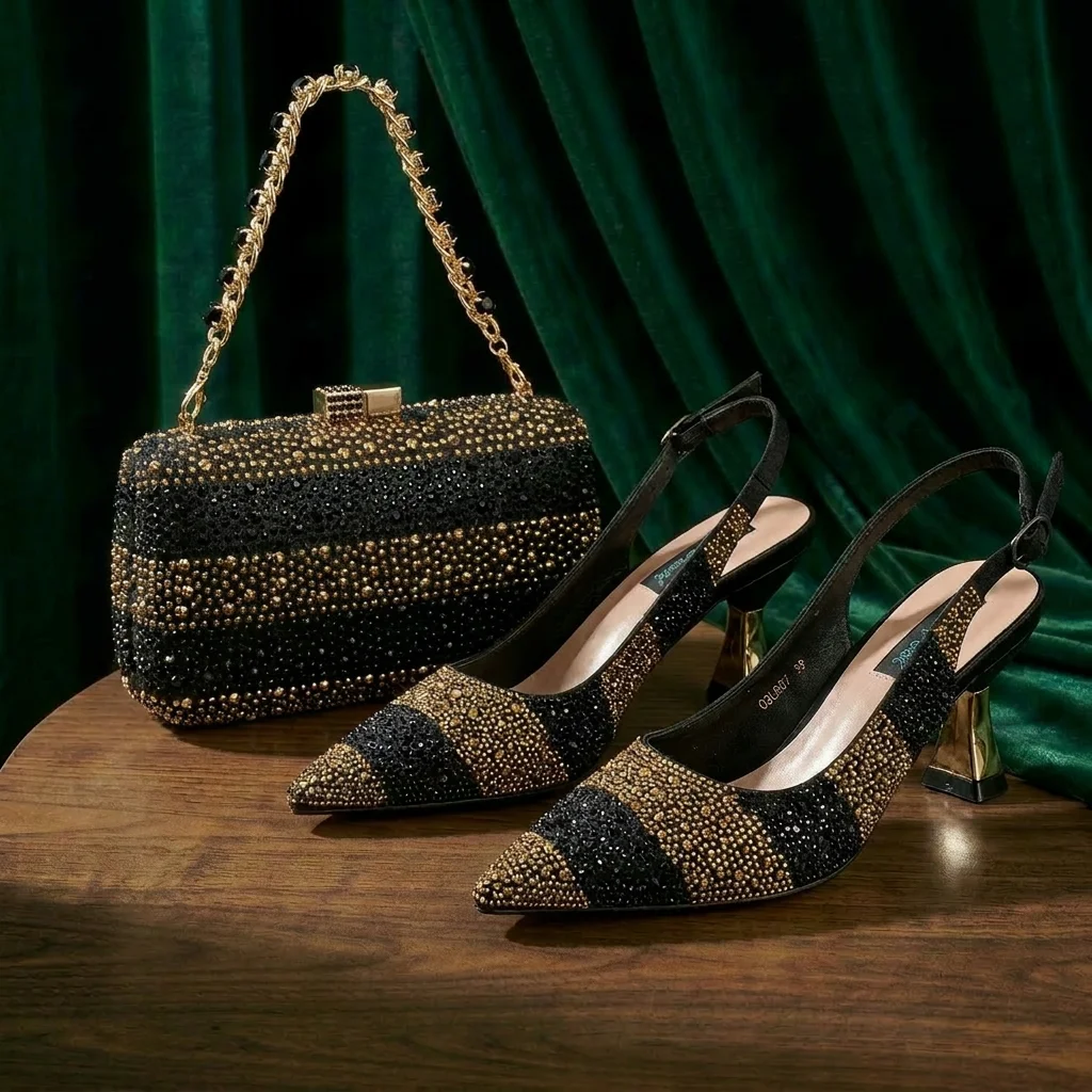 QSGFC Ladies High Quality Women's Pumps Black Gold Shoes and bag Set DURABLE OUTSOLE Italian Fashion Design For Nigeria Wedding