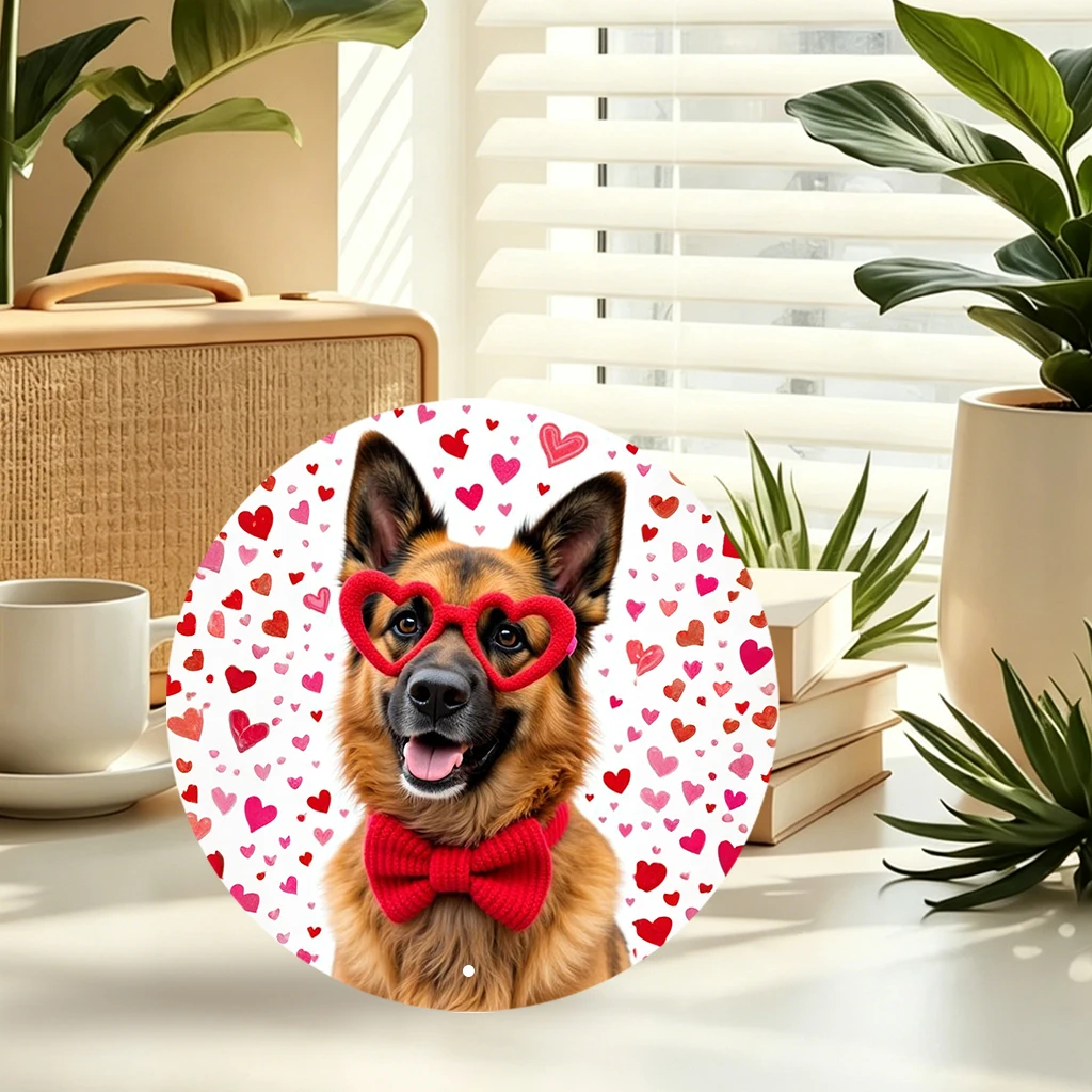 JIT 1-pc White heart confetti german shepherd with red bow tie cartoon print round metal tin sign wall decor, smooth lightweight panel, this unique metal tin sign suits entryway and lounge for long-term wall ornament, ideal decorative home lovers view 8