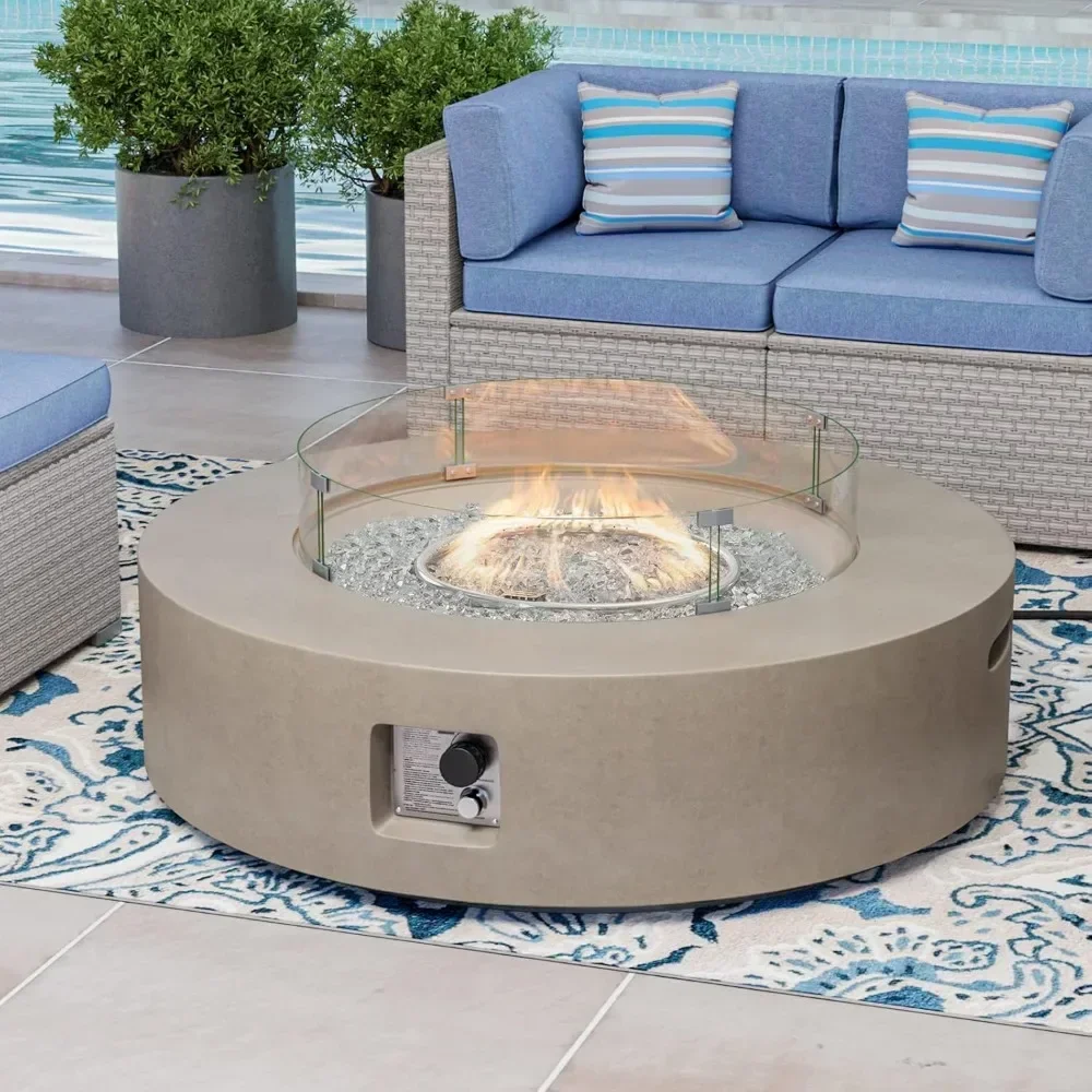 Outdoor Propane Fire Pit Coffee Table w Gray 40.5-inch Round Base Patio Heater, 50,000 BTU Stainless Steel Burner, Wind Guard