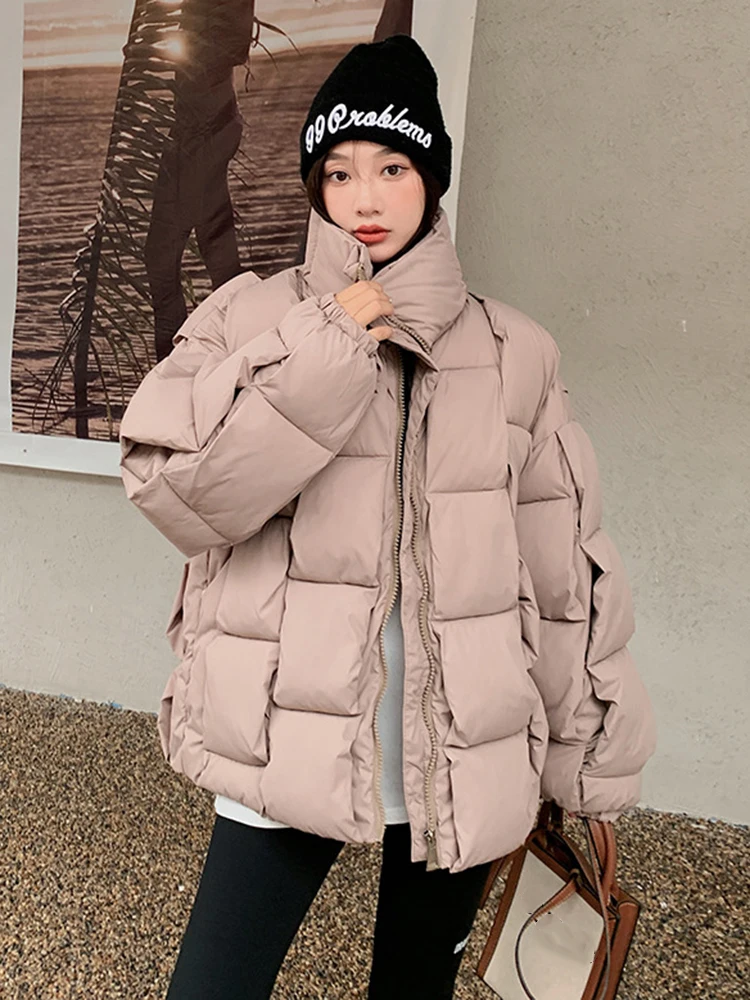 LANMREM Temperament Cotton Coat Women\'s Turtleneck Zipper Design Parka Solid Color Fashion Coats 2024 Winter New 2Z2888