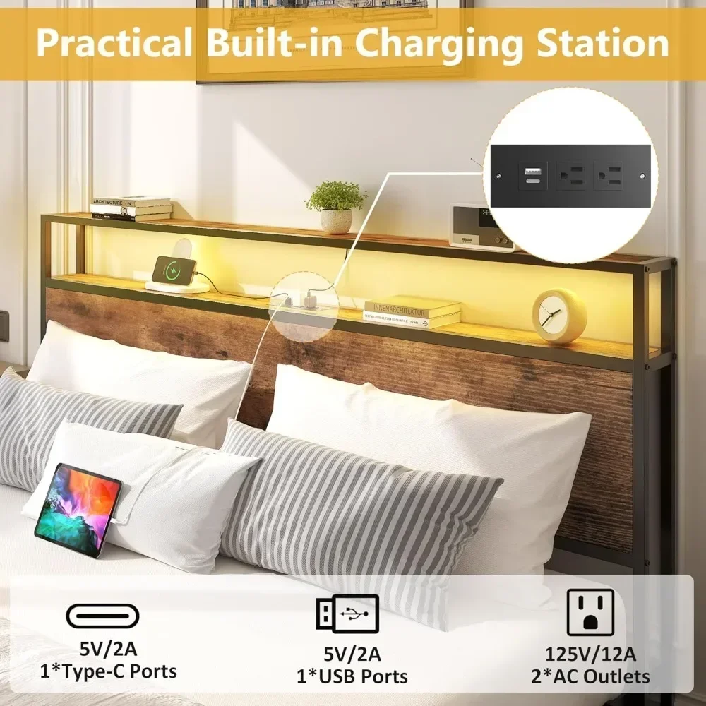 

Хит продаж: Металлическая кровать-платформа Lifezone Queen с 2-уровневым изголовьем для хранения и 4 выдвижными ящиками для хранения, со встроенным стеллажом.