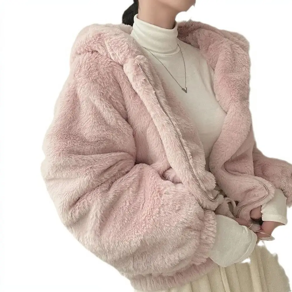 Winter Warm Hooded Sweatshirt Women Oversized Fleece Casual Zip Up Long Sleeve Loose French Style Comfortable Outerwear