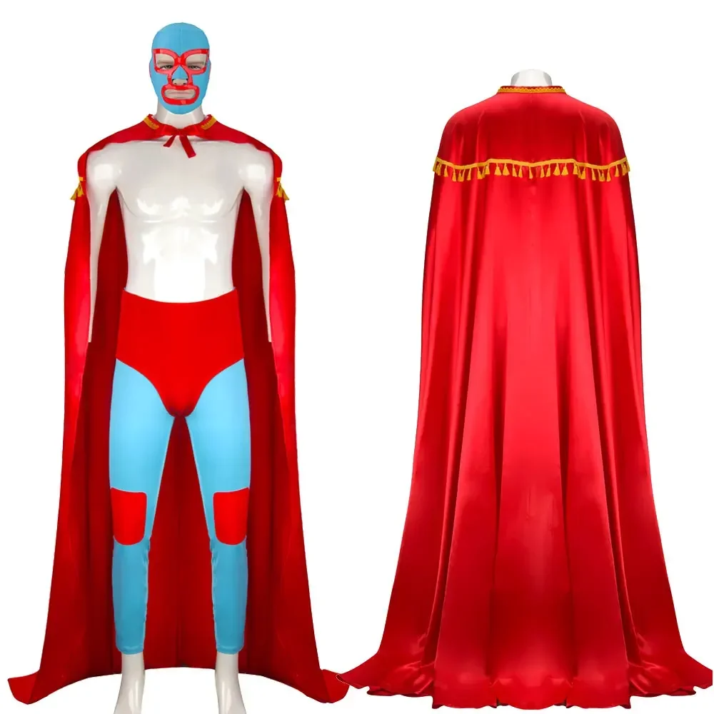 Halloween Carnival Party Adult Men Nacho Libre 4PCS Mexican Wrestling Cosplay Full Set Red Cloak Mask Pants Shorts For Comic Con