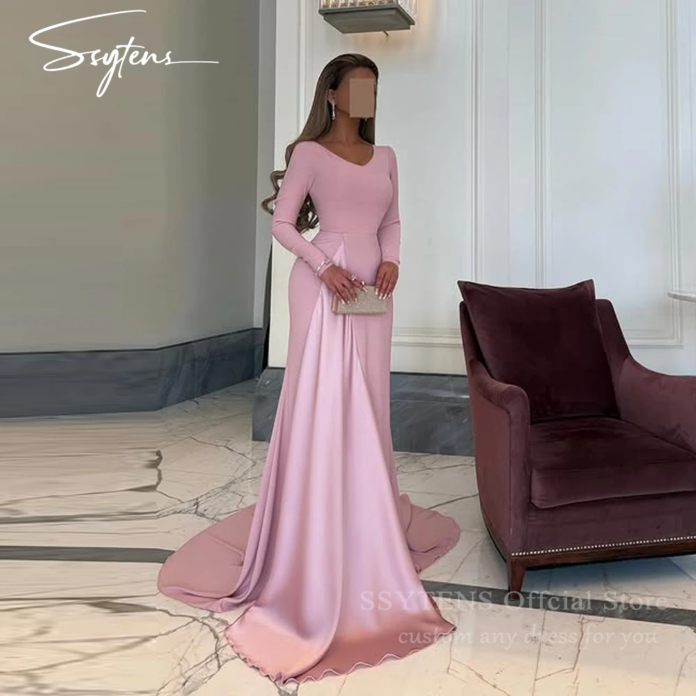 

SSYTENS Arabic Evening Dresses Pink Mermaid V Neck Prom Dresses Satin Women Chic Long Sleeves Customized Wedding Party Dresses