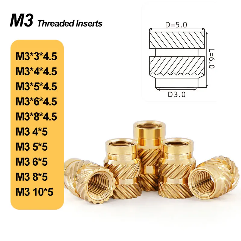 M3*4*5 M3*4*5 M3*6*5 Double Knurl M3 Brass Hot Melt Insert Nuts Heat Mold Injection Embed Copper Nut for 3D Printing