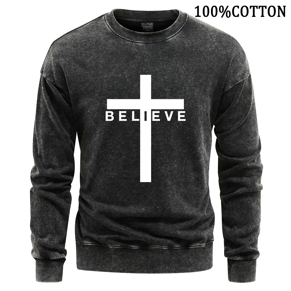 

Believe God Prinnting Men's Sweatshirt Retro Washed Sweatshirts Cotton Loose Casual Lithe Snug Sports Shirt Streetwear Tops