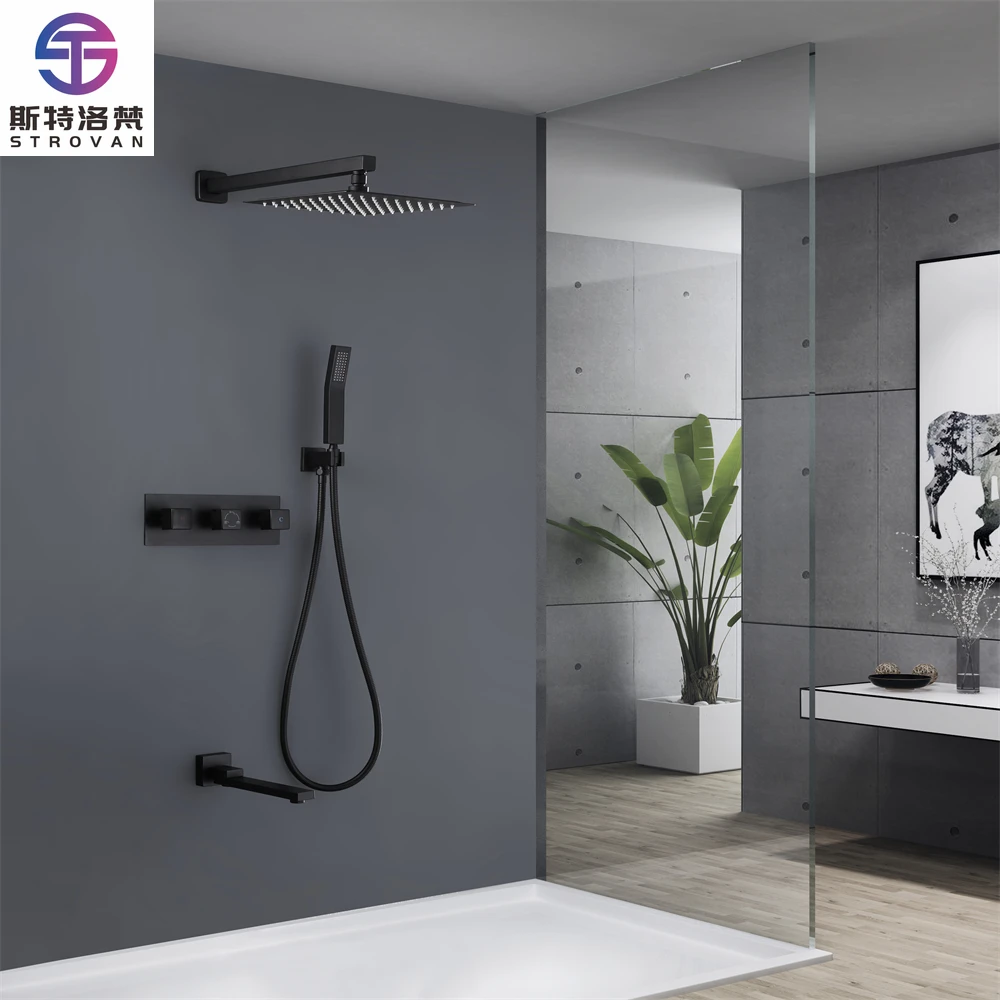 

Solid Brass Matt Black 3 Way Wall in Concealed Rainfall Shower Mixer