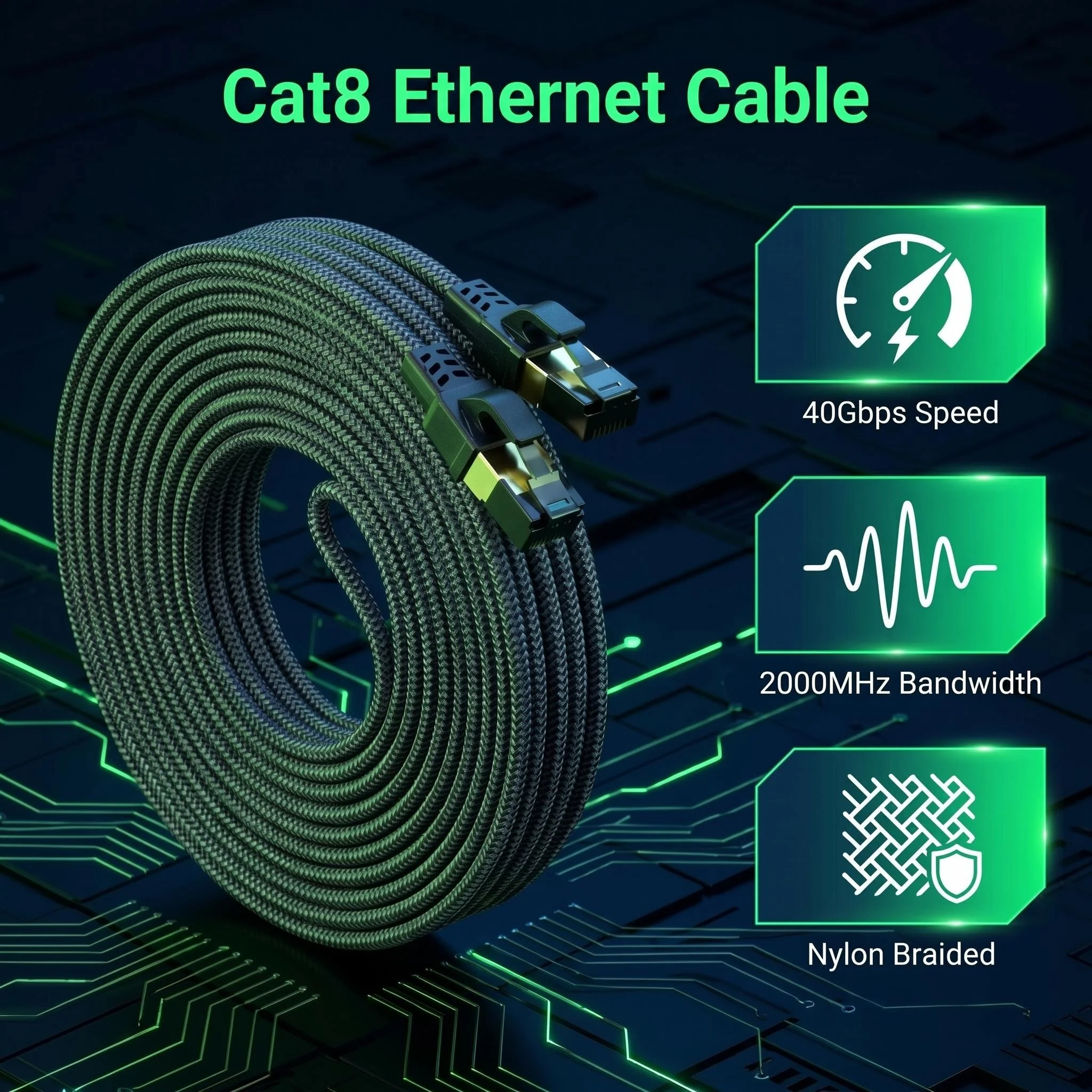 Flat Braided CAT8 Ethernet Cable, 40Gbps 2000MHz SSTP Shielded 100% Oxygen-Free Copper High Speed LAN Network Cord for Gaming