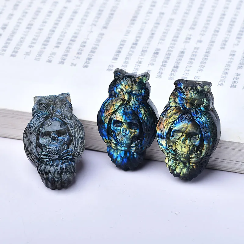 

Quartz Carving Polished Crystal Labradorite Owl Skull Natural Stones Healing Gemstones Reiki