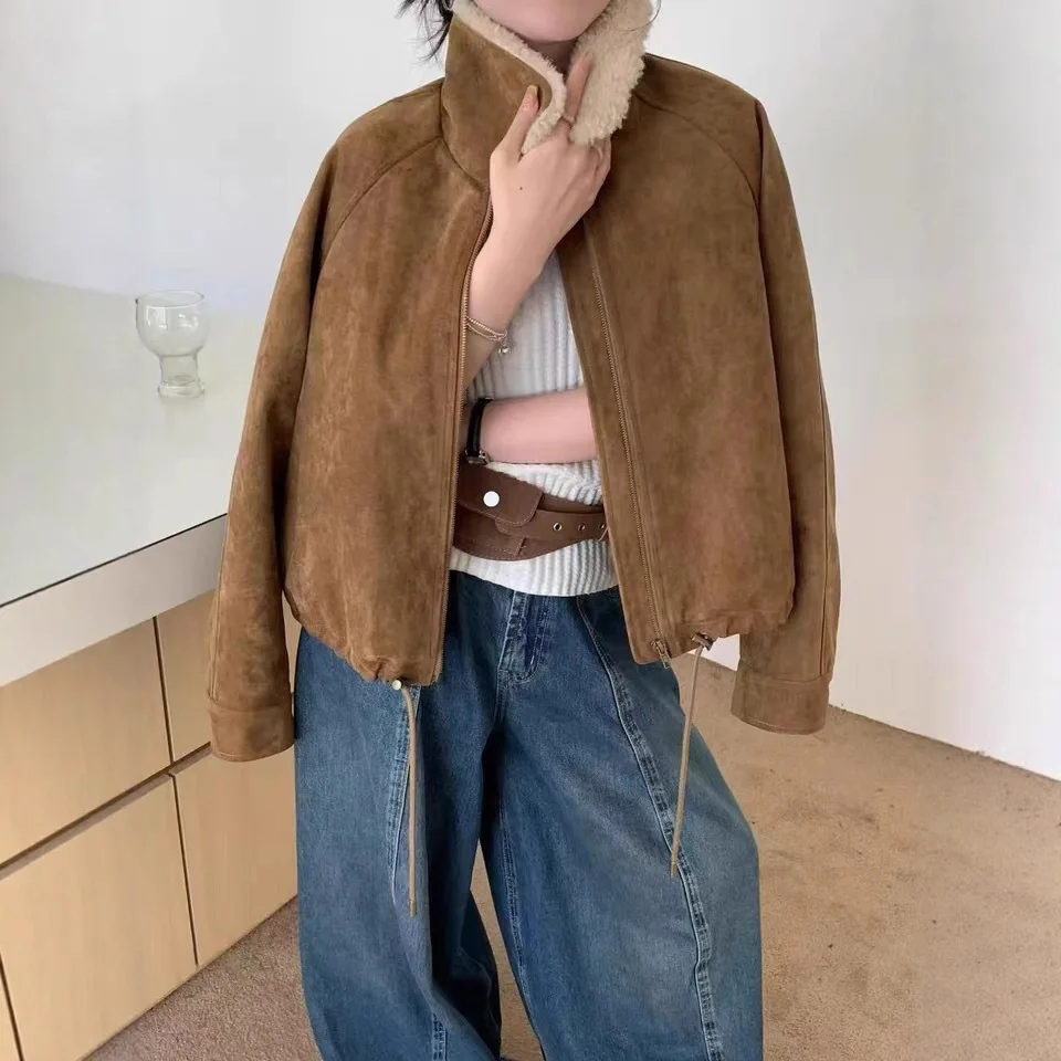 

Lamb Wool Lapel Deerskin Velvet Jacket with Cotton Clip for Women's 2025 Autumn and Winter New Fashion Versatile Short Top