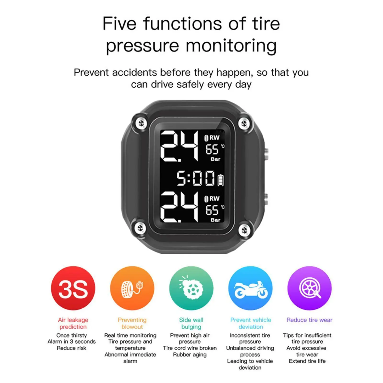 

Waterproof Motorcycle TPMS Tire Pressure Monitoring System Gauge LCD Display